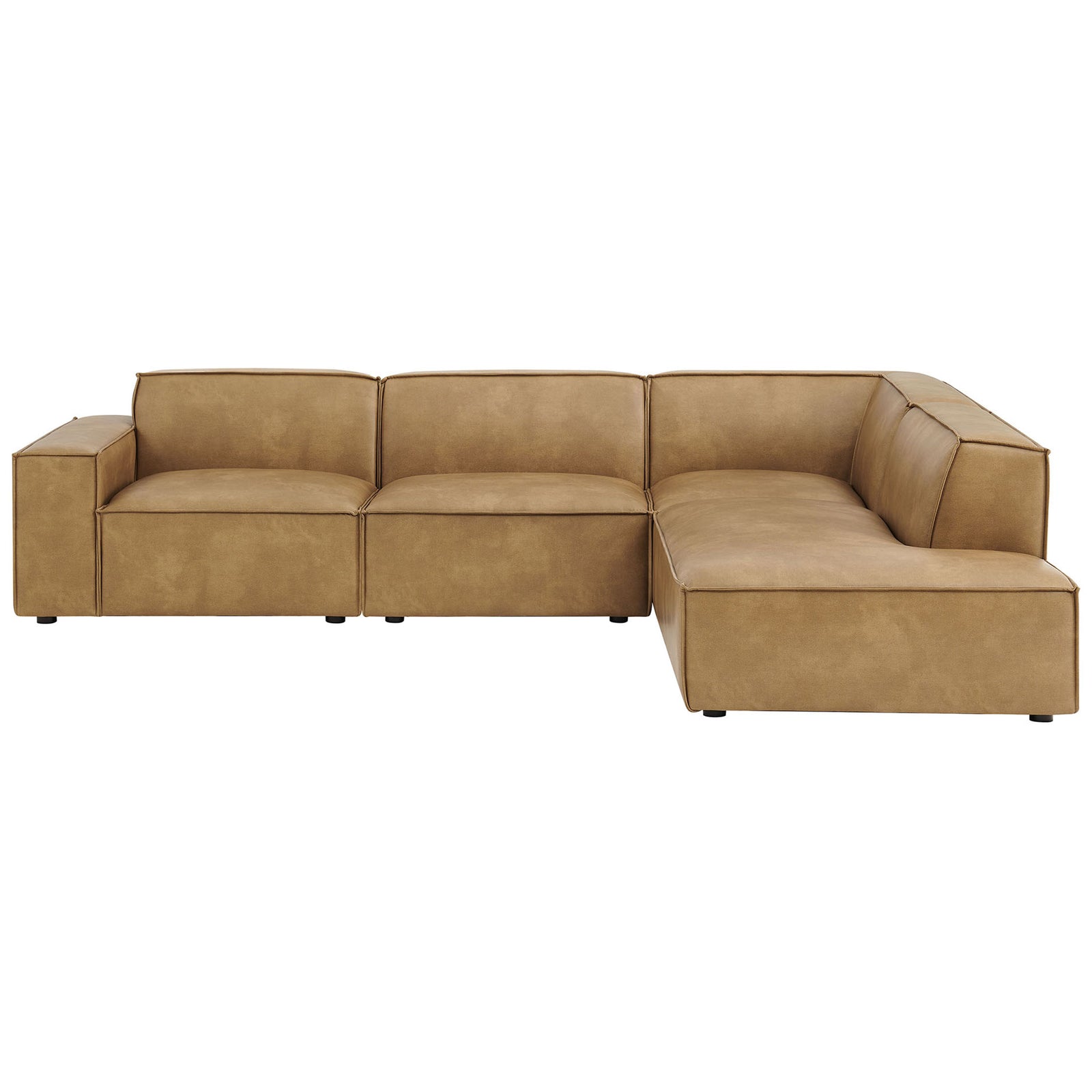 Toast vegan leather L-shaped sectional with right chaise, clean lines, and generously cushioned seats || EEI-7430-TST || front_studio