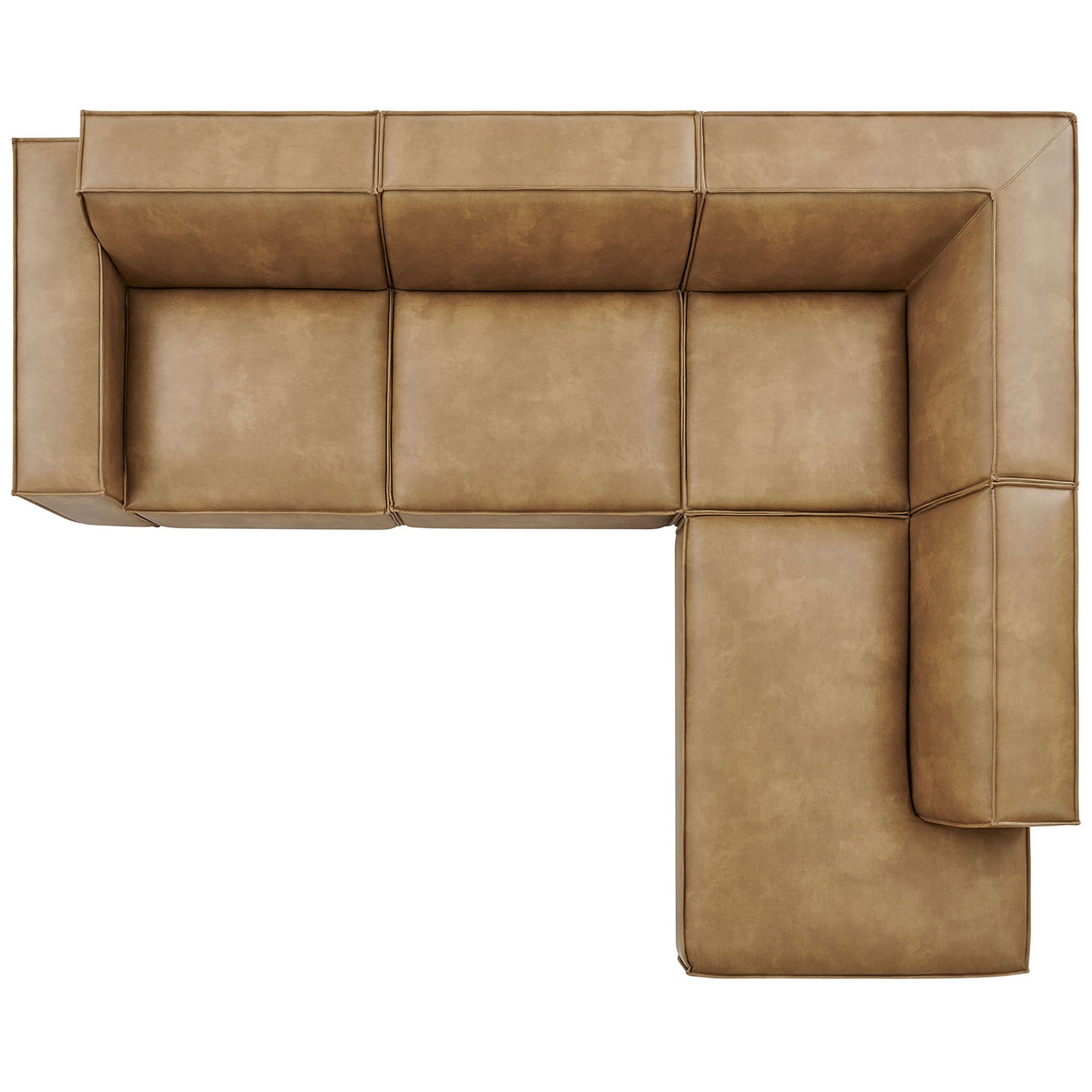 Right-chaise modular sectional in warm toast vegan leather emphasizing its spacious, streamlined layout || EEI-7430-TST || top_studio