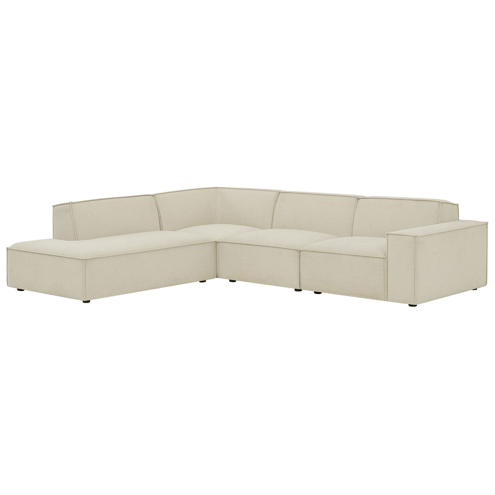 Minimalist ecru modular L-shaped sectional sofa with left chaise and wide track arm in performance fabric || EEI-7431-ECR || front_angle_studio