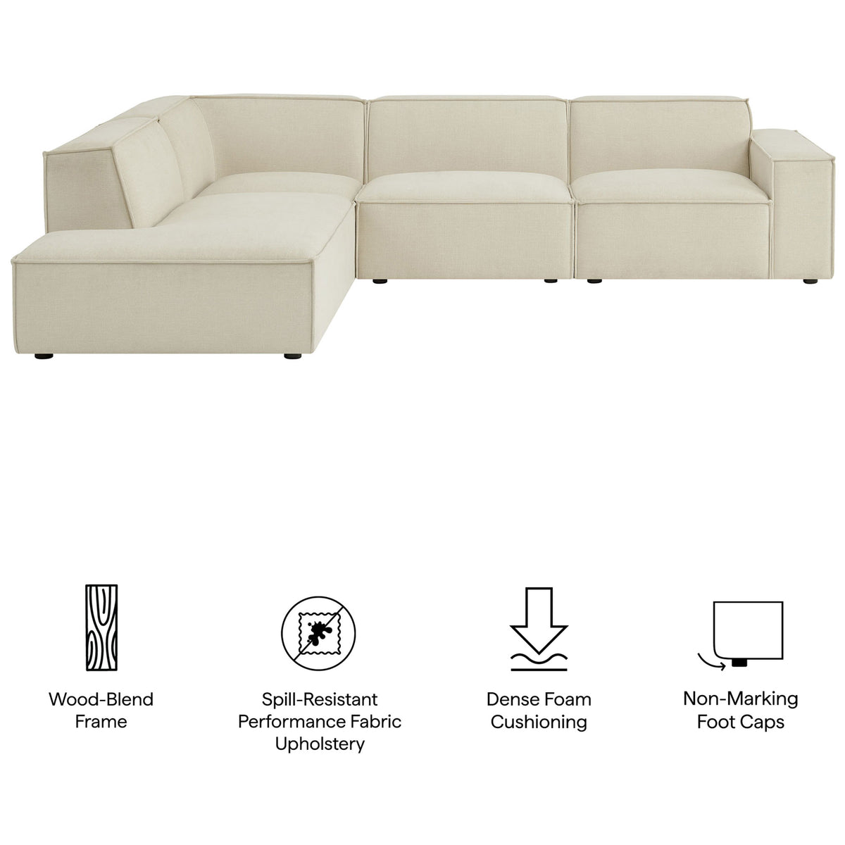 Key features of the Restore sectional including wood-blend frame, performance fabric, dense cushions, and foot caps || EEI-7431-ECR || callout_studio