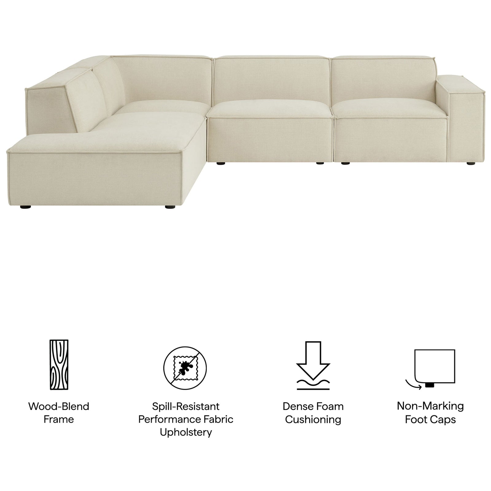 Key features of the Restore sectional including wood-blend frame, performance fabric, dense cushions, and foot caps || EEI-7431-ECR || callout_studio