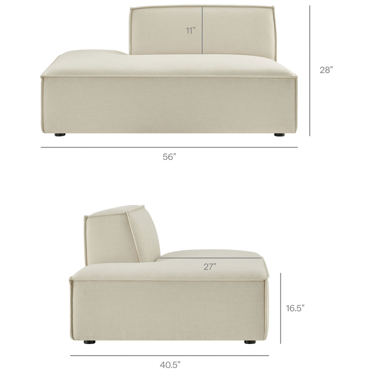 Dimensions of the modular chaise lounge for the Restore sectional for easy fit and space planning || EEI-7431-ECR || dimension_studio