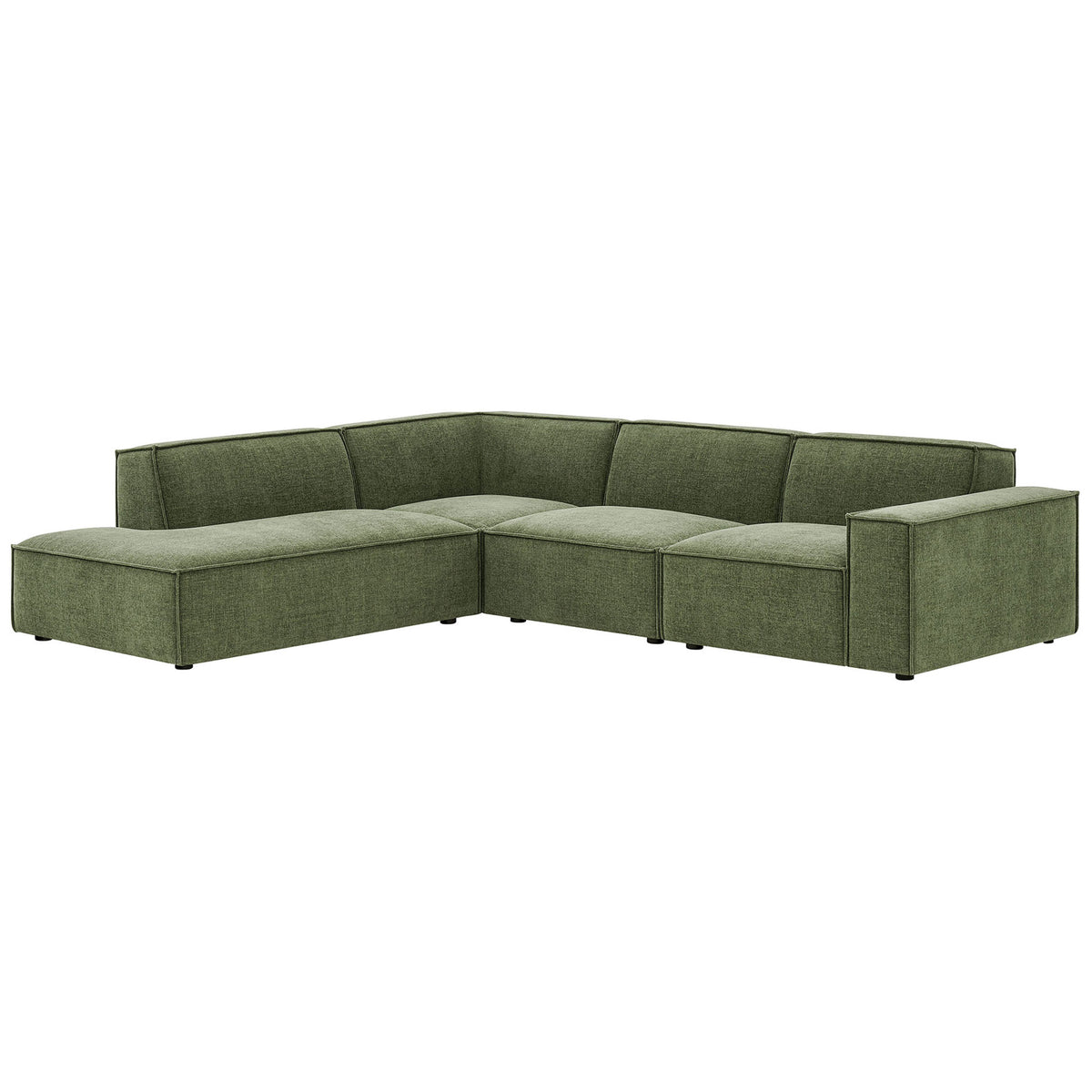 Foliage green Restore modular sectional sofa highlighting low-profile silhouette and spacious left-facing chaise || EEI-7431-FOL || front_angle_studio