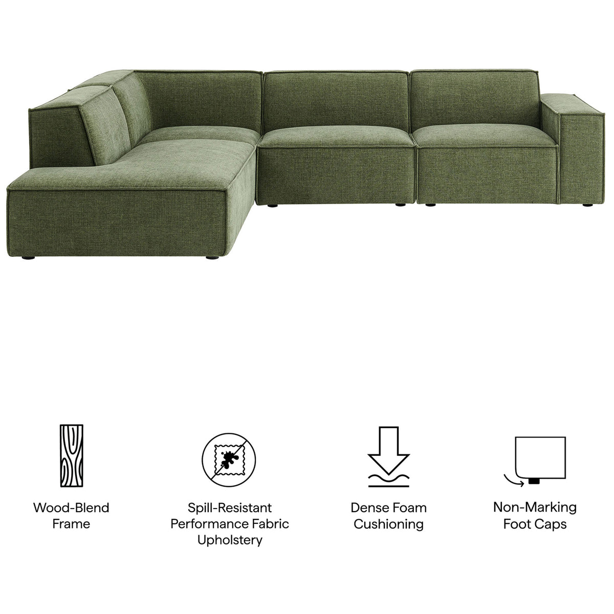 Restore foliage green modular sectional sofa features performance fabric, dense cushioning, and protective foot caps || EEI-7431-FOL || callout_studio