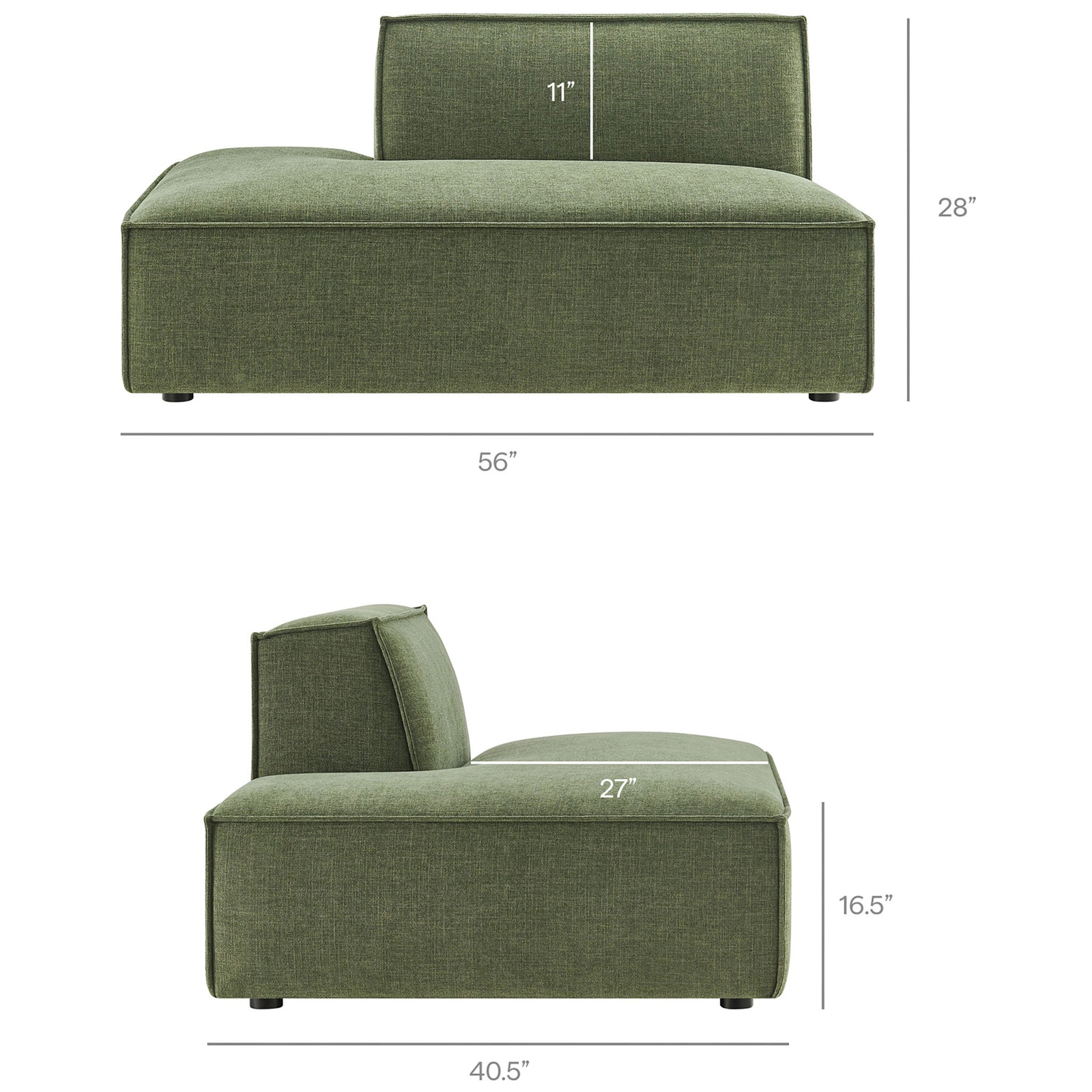 Chaise lounge module dimensions for the Restore foliage modular sectional, detailing seat depth and overall length || EEI-7431-FOL || dimension_studio