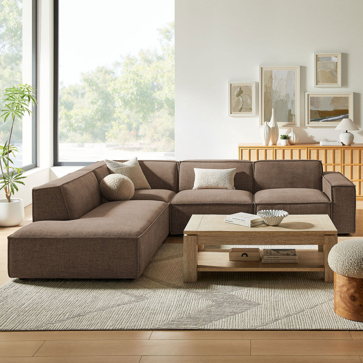Mocha Restore sectional pairs with light wood accents for a warm, relaxed living room feel || EEI-7431-MOC || front_room
