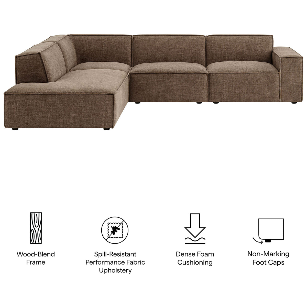 Restore modular sofa highlights performance fabric, dense foam comfort, and floor-safe foot caps || EEI-7431-MOC || callout_studio