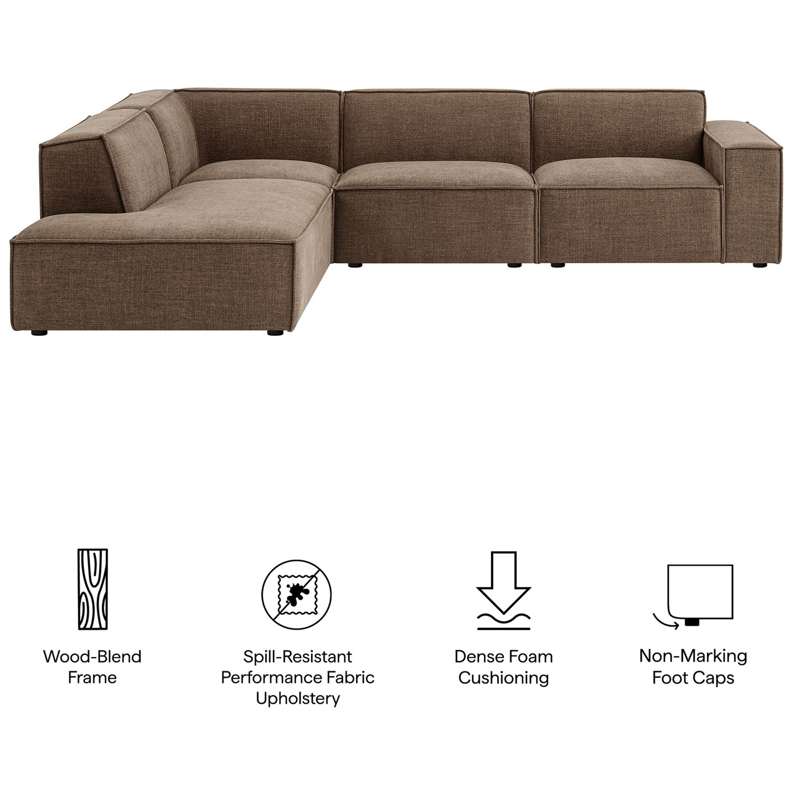 Restore modular sofa highlights performance fabric, dense foam comfort, and floor-safe foot caps || EEI-7431-MOC || callout_studio