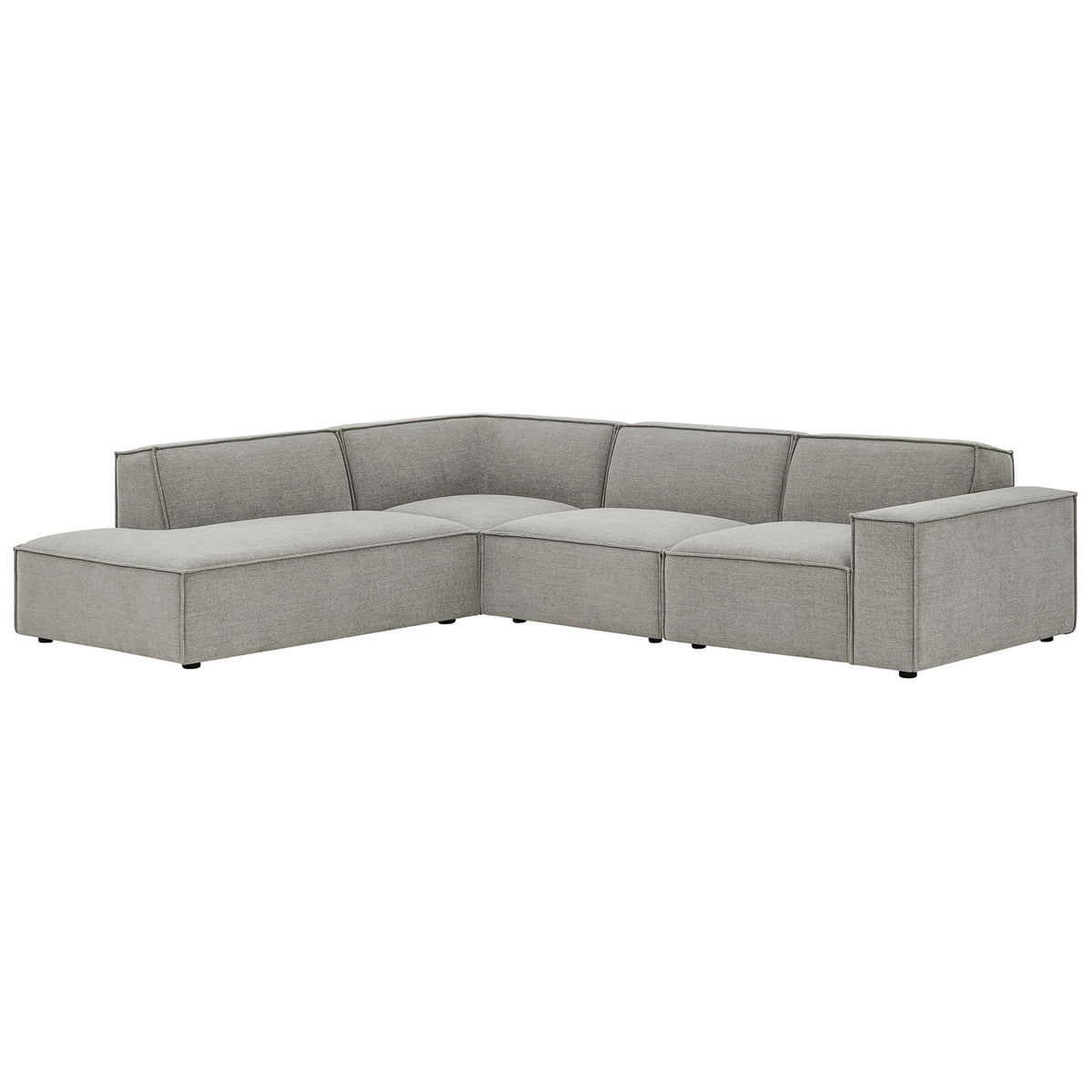 Low-profile modular sofa sectional in pewter fabric featuring generous chaise lounge and deep seats || EEI-7431-PEW || front_angle_studio