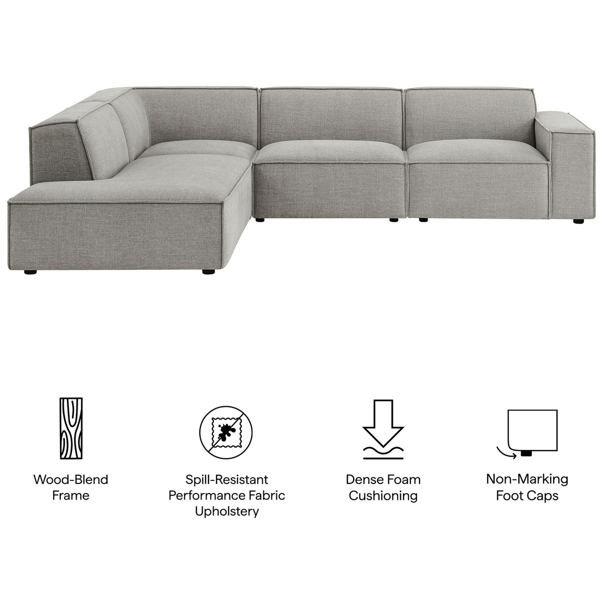 Restore modular sectional with icons calling out wood-blend frame, spill-resistant fabric, and dense cushioning || EEI-7431-PEW || callout_studio