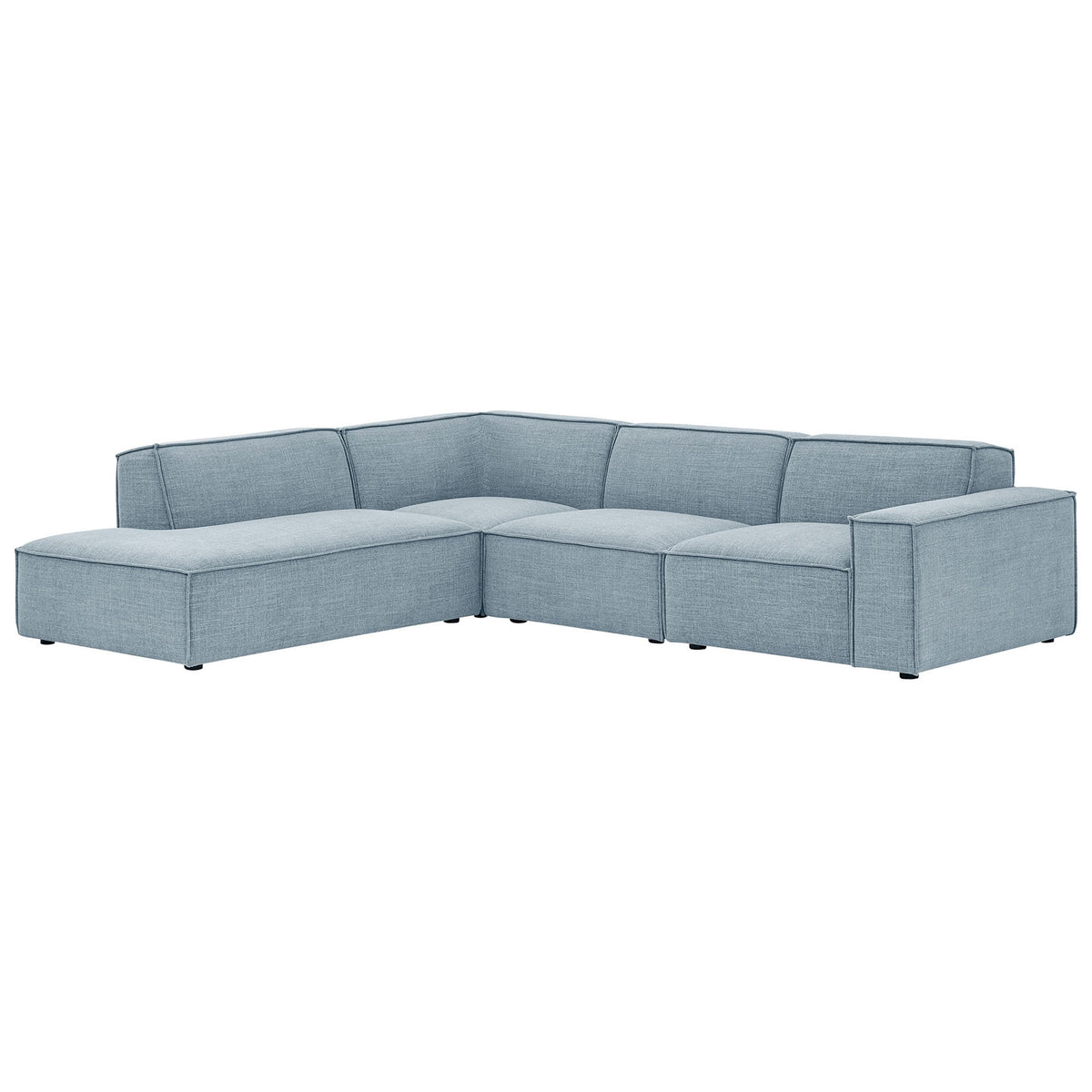 Low-profile sky blue modular sectional with left chaise and tailored piping on the cushions || EEI-7431-SKY || front_angle_studio