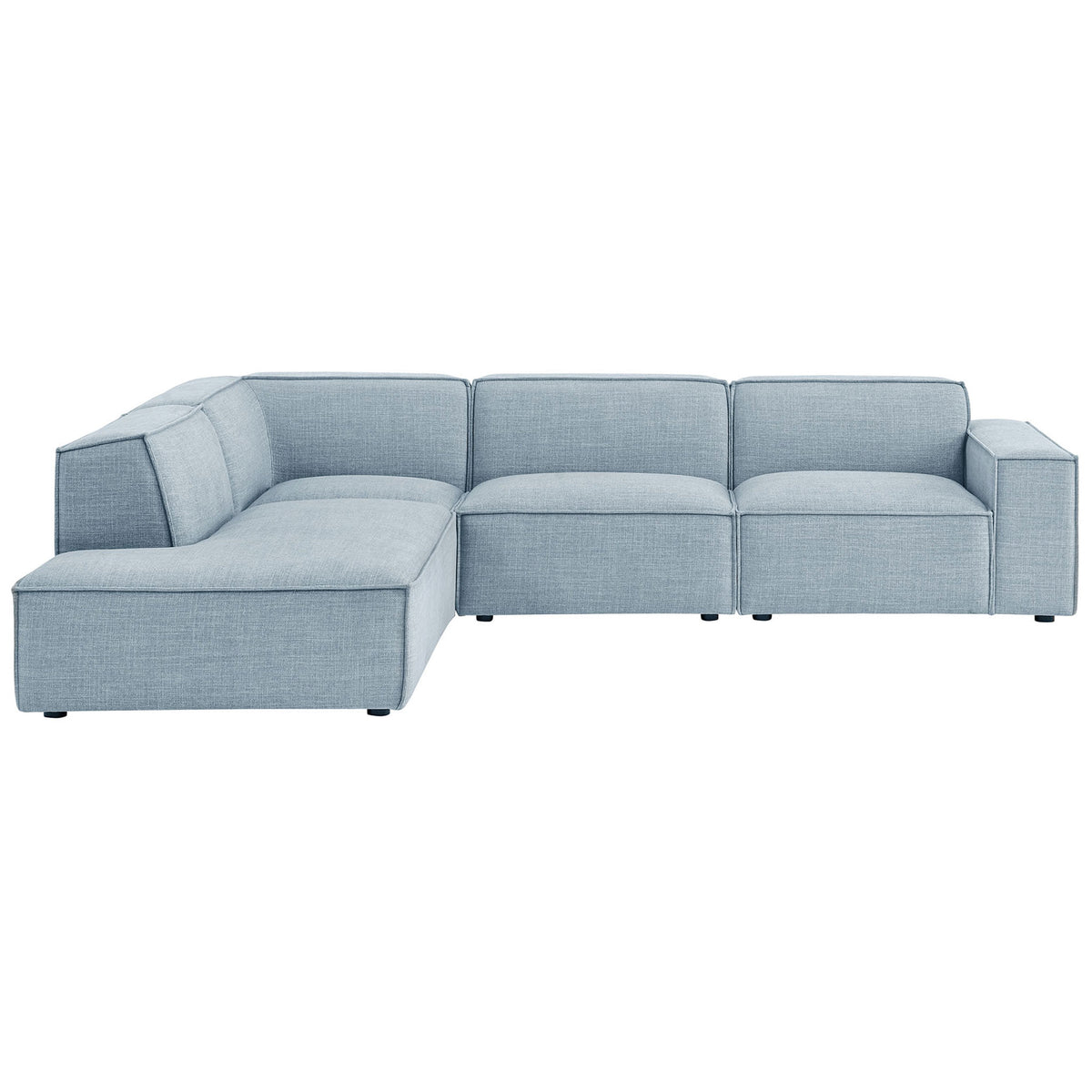 Sky blue modular L-shaped sectional sofa with left-facing chaise and broad track arms || EEI-7431-SKY || front_studio