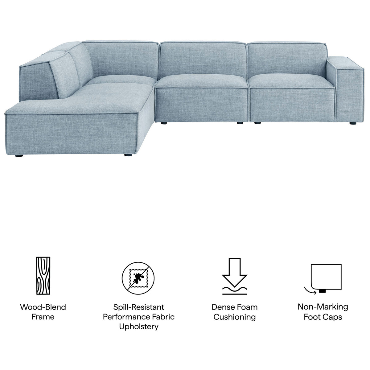 Sky blue modular sectional with icons highlighting wood-blend frame, spill-resistant fabric, and dense cushioning || EEI-7431-SKY || callout_studio