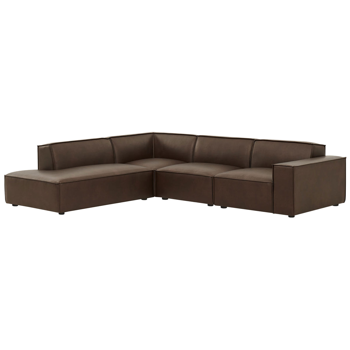 Low-profile espresso vegan leather modular sectional with left chaise and French piping detail for modern living rooms || EEI-7432-ESP || front_angle_studio