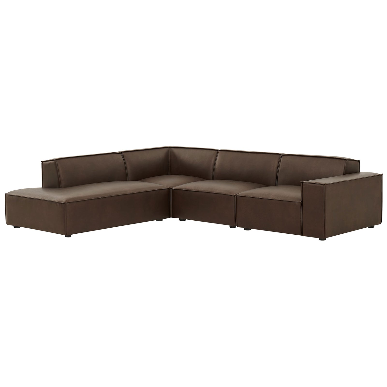 Low-profile espresso vegan leather modular sectional with left chaise and French piping detail for modern living rooms || EEI-7432-ESP || front_angle_studio