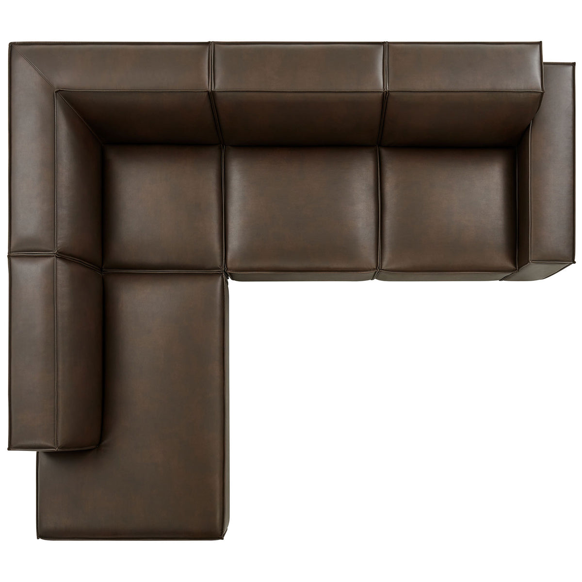 Modular L-shaped sectional in espresso vegan leather with deep seats arranged around a spacious chaise lounge || EEI-7432-ESP || top_studio