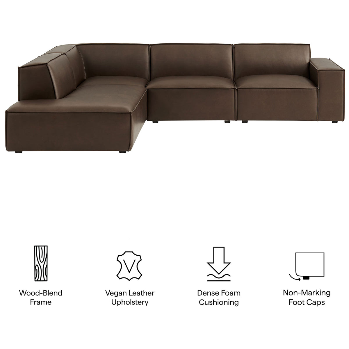 Feature graphic highlighting the Restore espresso vegan leather sectional's wood-blend frame, dense cushions, and non-marking feet || EEI-7432-ESP || callout_studio