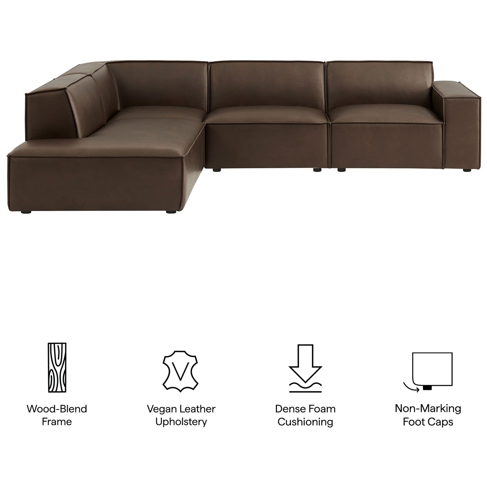 Feature graphic highlighting the Restore espresso vegan leather sectional's wood-blend frame, dense cushions, and non-marking feet || EEI-7432-ESP || callout_studio