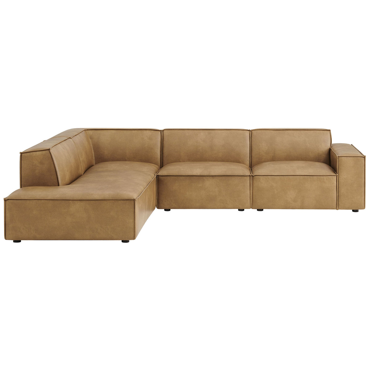 Toast vegan leather L-shaped modular sofa with left chaise and low-profile, block-style cushions || EEI-7432-TST || front_studio
