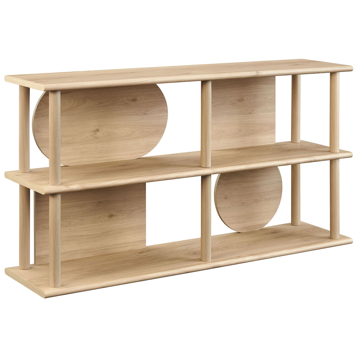 Light oak console with rounded posts and playful geometric back panels across three open shelves || EEI-7433-LOA || front_angle_studio