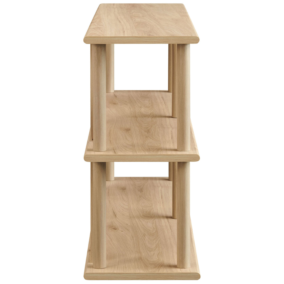Slim profile console table shows narrow depth and sturdy column supports in a smooth light oak finish || EEI-7433-LOA || side_studio