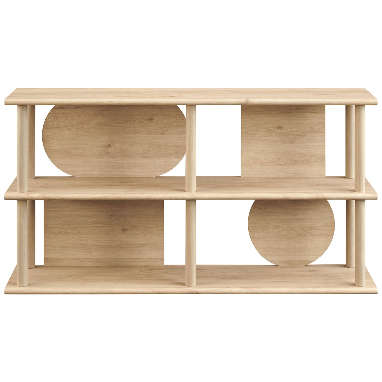 Modern 55-inch console table with bullnose edges and sculptural circle and panel accents || EEI-7433-LOA || front_studio