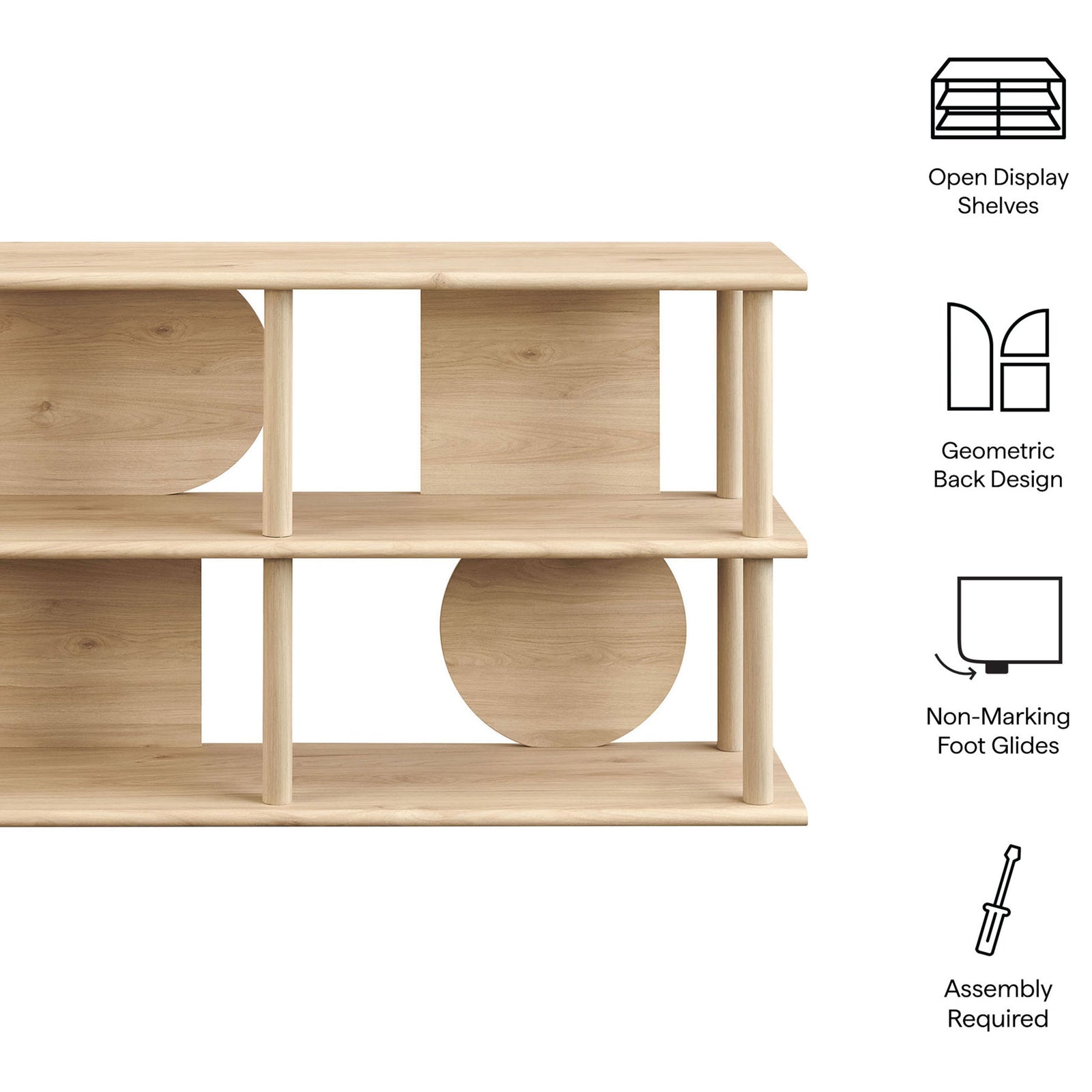 Open shelves and geometric backing create bold display space with non-marking foot glides || EEI-7433-LOA || callout_studio