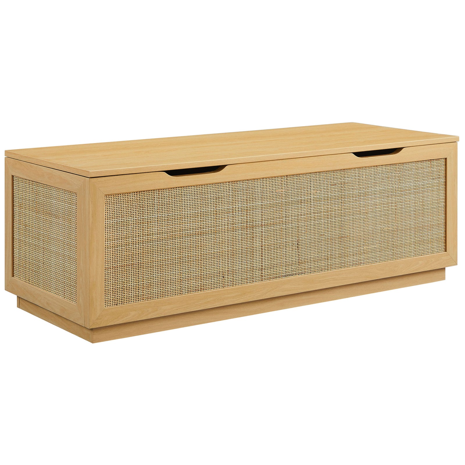 Oak-finished storage bench with faux rattan front and cut-out handles on a clean, low base || EEI-7434-OAK || front_angle_studio