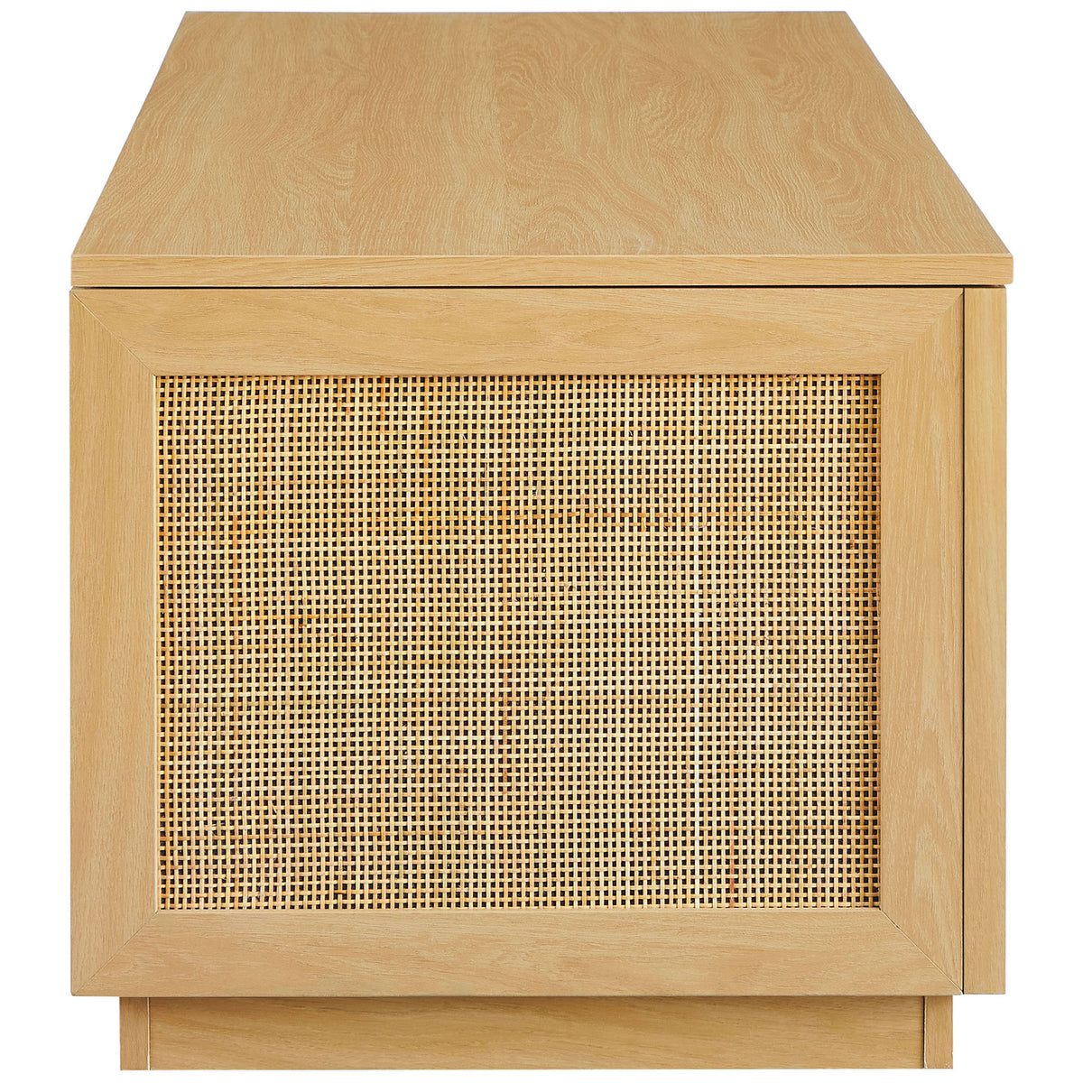 Smooth oak side panel framed around woven faux rattan adds warmth to this streamlined storage bench || EEI-7434-OAK || side_studio