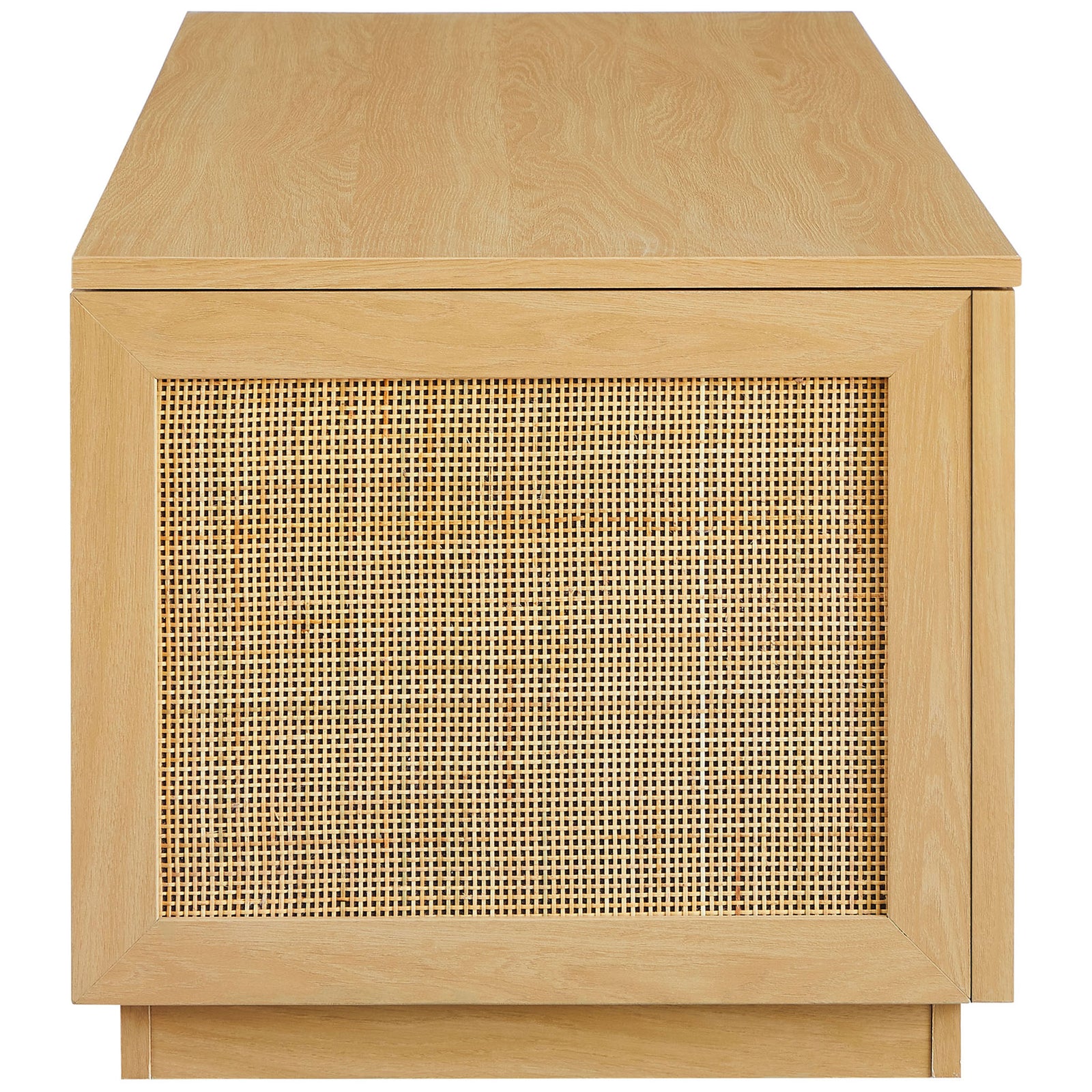 Smooth oak side panel framed around woven faux rattan adds warmth to this streamlined storage bench || EEI-7434-OAK || side_studio