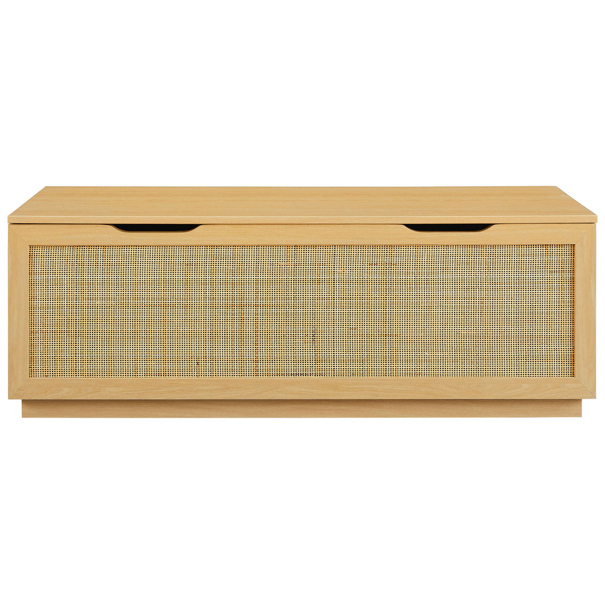 Faux rattan front brings texture to this oak entryway bench with flip-top storage || EEI-7434-OAK || front_studio