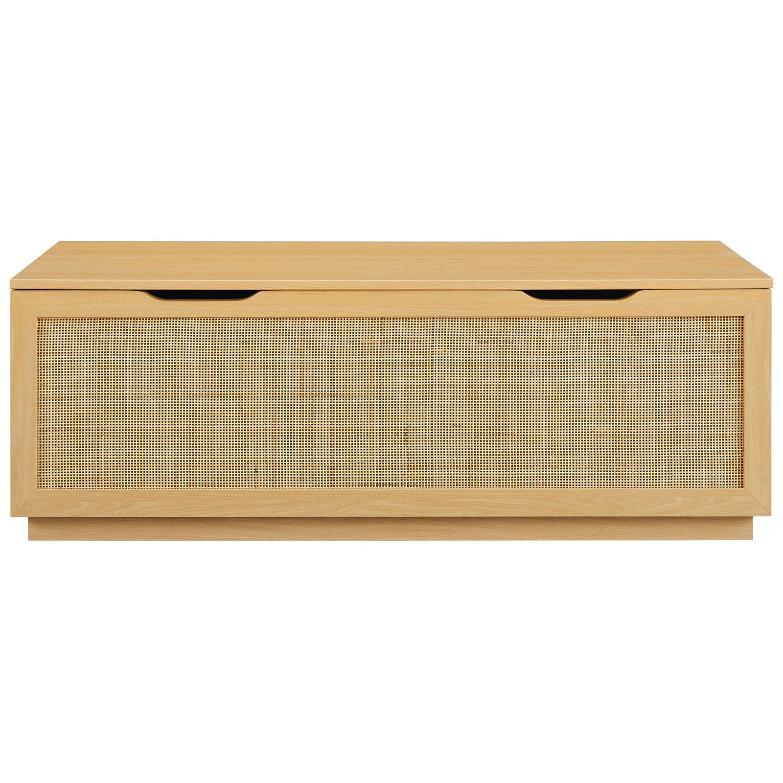 Faux rattan front brings texture to this oak entryway bench with flip-top storage || EEI-7434-OAK || front_studio