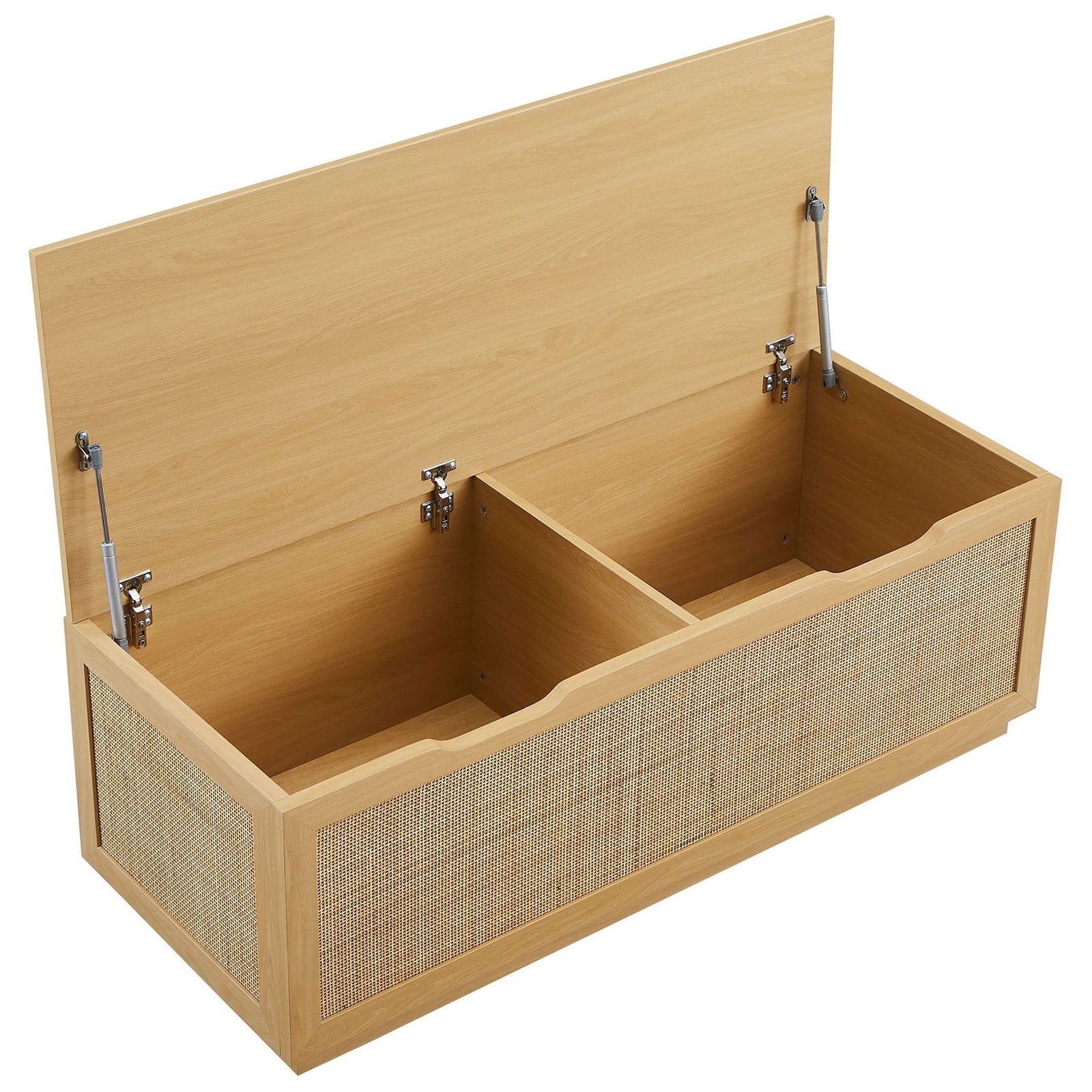 Flip-top opens to reveal two spacious, divided compartments with soft-close hinges || EEI-7434-OAK || front_angle_open_studio