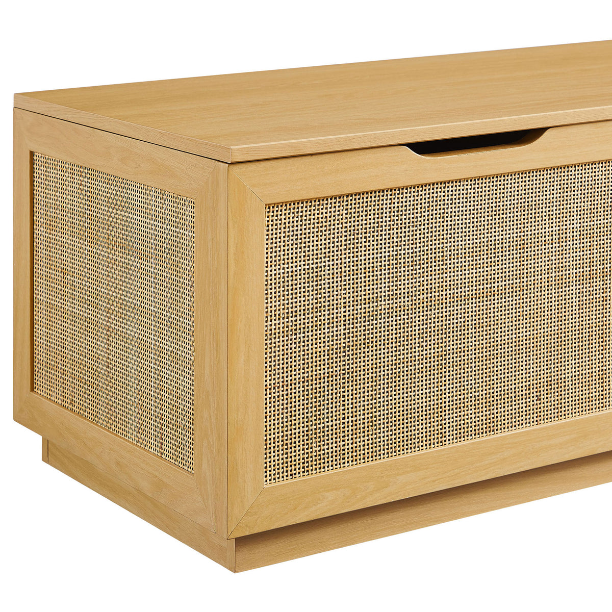Refined edge detailing with recessed cut-out handle and tight faux rattan weave || EEI-7434-OAK || handle_studio