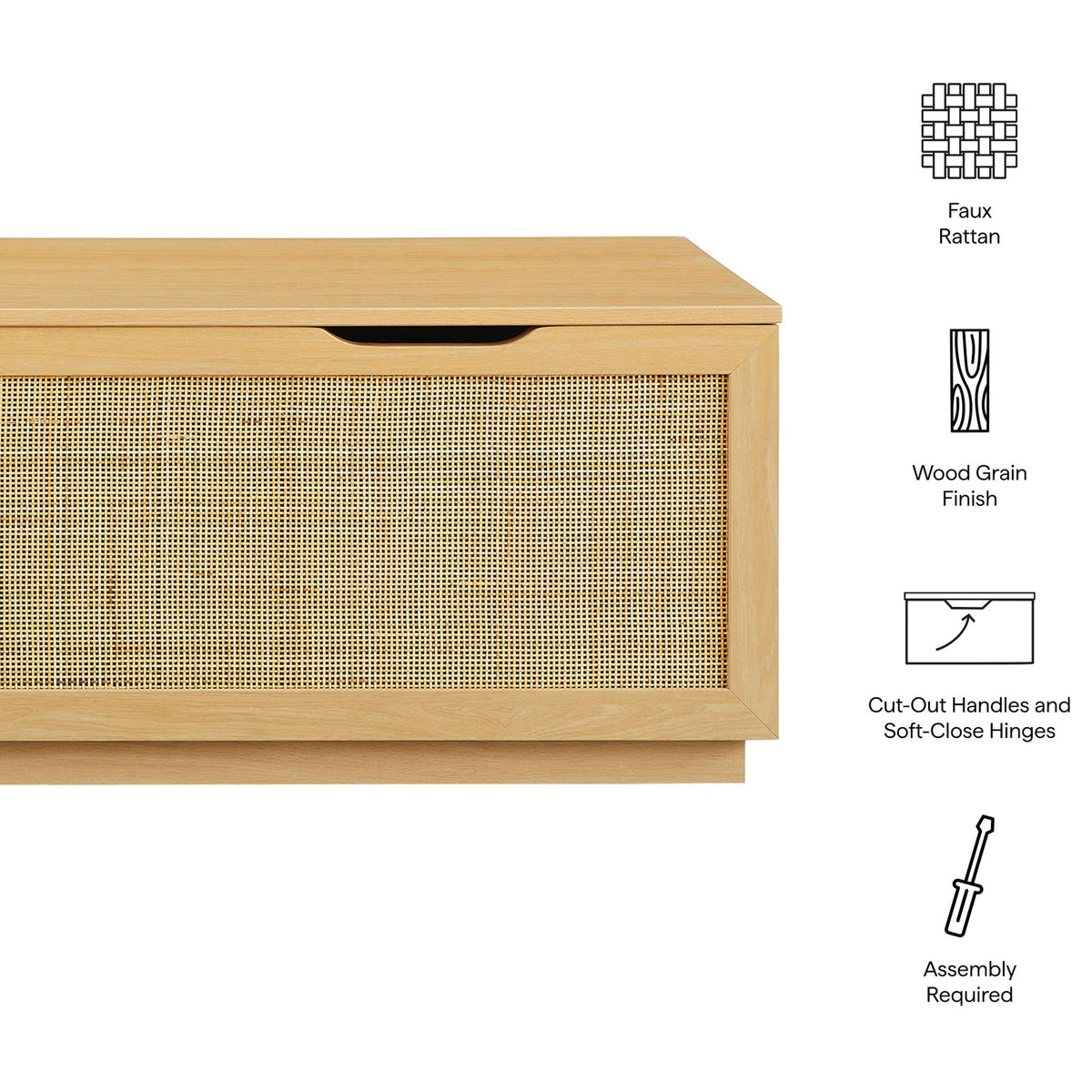 Key features include faux rattan, wood grain finish, cut-out handles, and soft-close hinges || EEI-7434-OAK || callout_studio