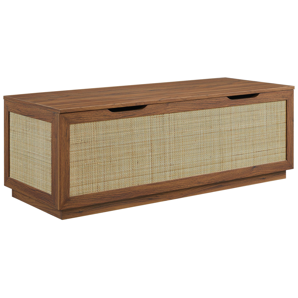 Walnut-finish storage bench wrapped in faux rattan with cut-out handles and clean, modern lines || EEI-7434-WAL || front_angle_studio
