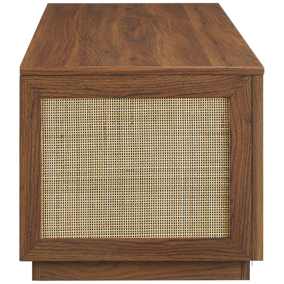 Sleek rattan-wrapped bench profile with walnut wood grain frame and low, solid base || EEI-7434-WAL || side_studio