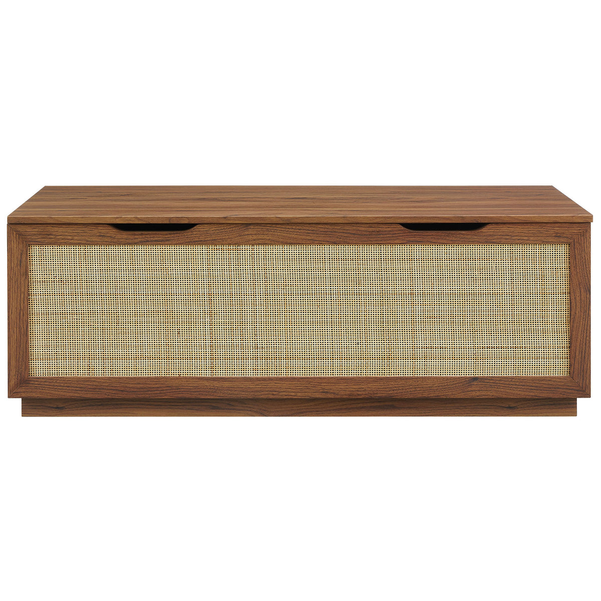 Textured faux rattan front panel framed in warm walnut with dual cut-out handles || EEI-7434-WAL || front_studio