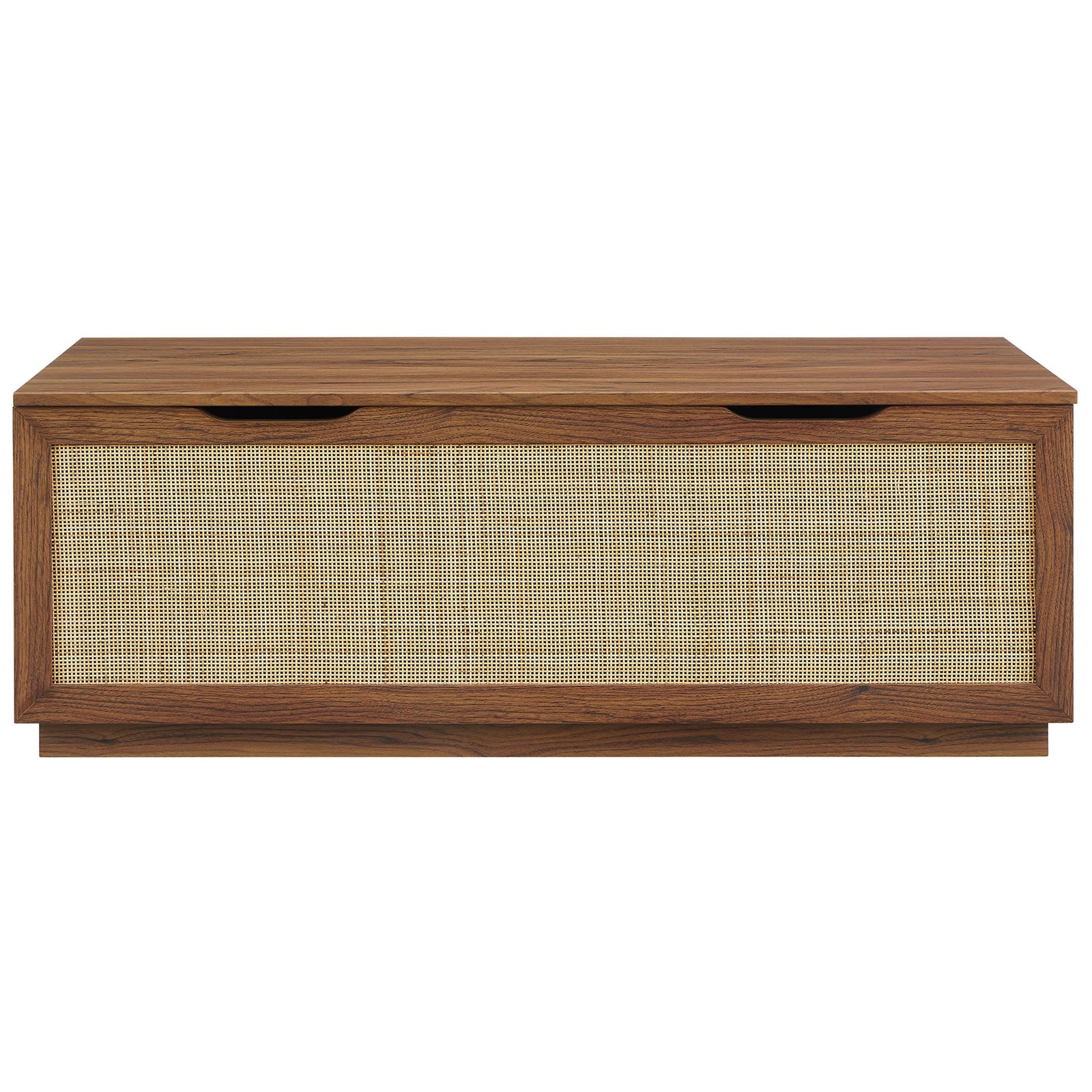 Textured faux rattan front panel framed in warm walnut with dual cut-out handles || EEI-7434-WAL || front_studio