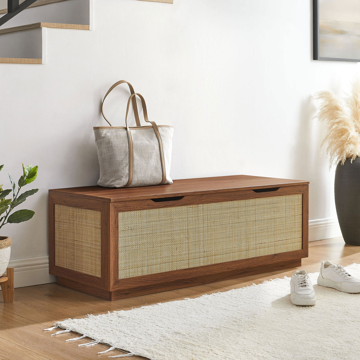 Entryway-ready storage bench in walnut and rattan, blending easily with modern decor || EEI-7434-WAL || front_angle_room