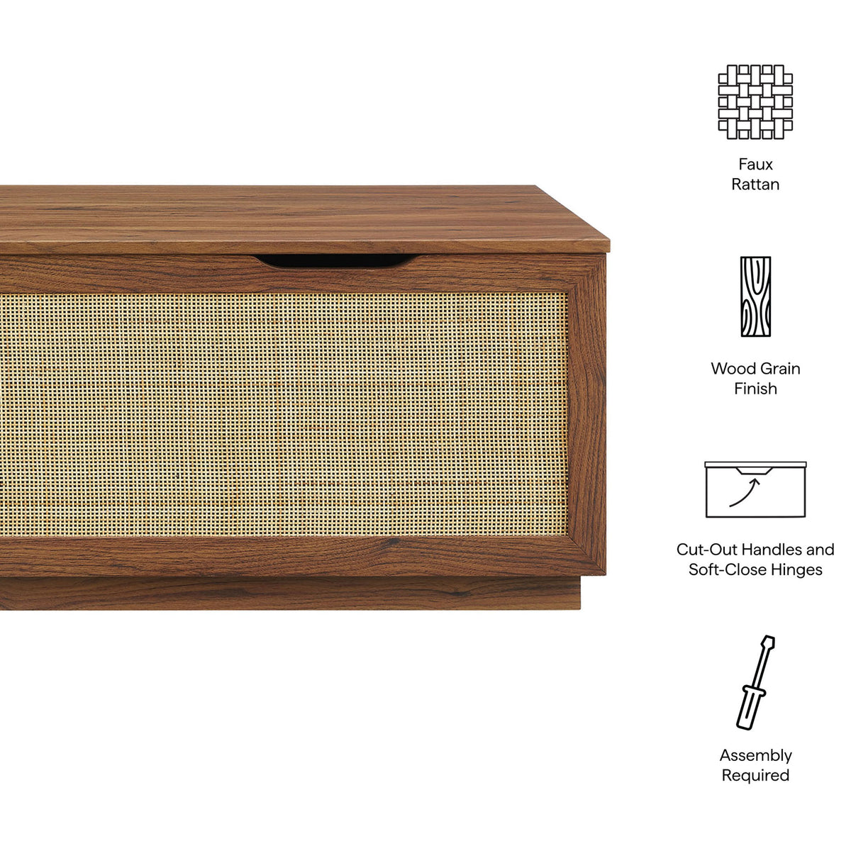 Feature callouts highlight faux rattan, wood grain finish, cut-out handles, and soft-close hinges || EEI-7434-WAL || callout_studio