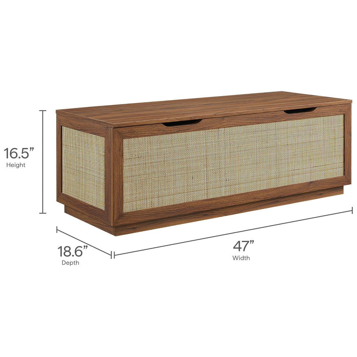 Dimensions for Soma rattan storage bench shown for depth, width, and height || EEI-7434-WAL || dimension_studio