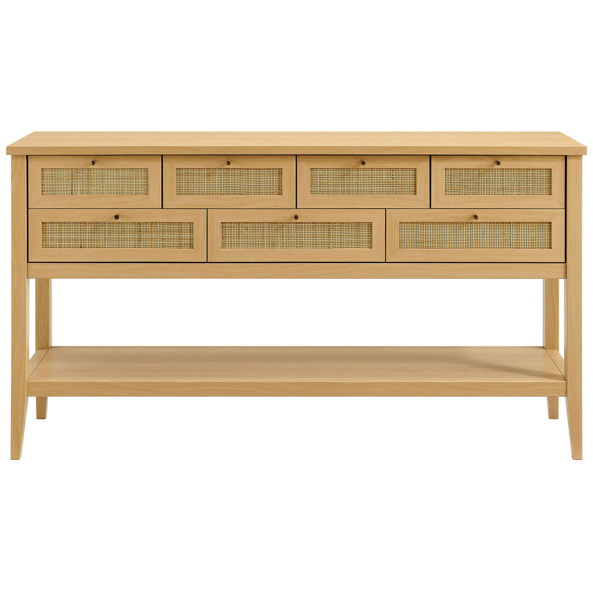 Rattan-front console table with seven drawers and open shelf in a warm oak finish || EEI-7435-OAK || front_studio