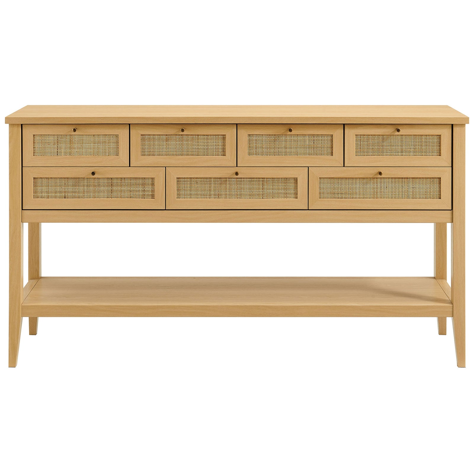 Rattan-front console table with seven drawers and open shelf in a warm oak finish || EEI-7435-OAK || front_studio