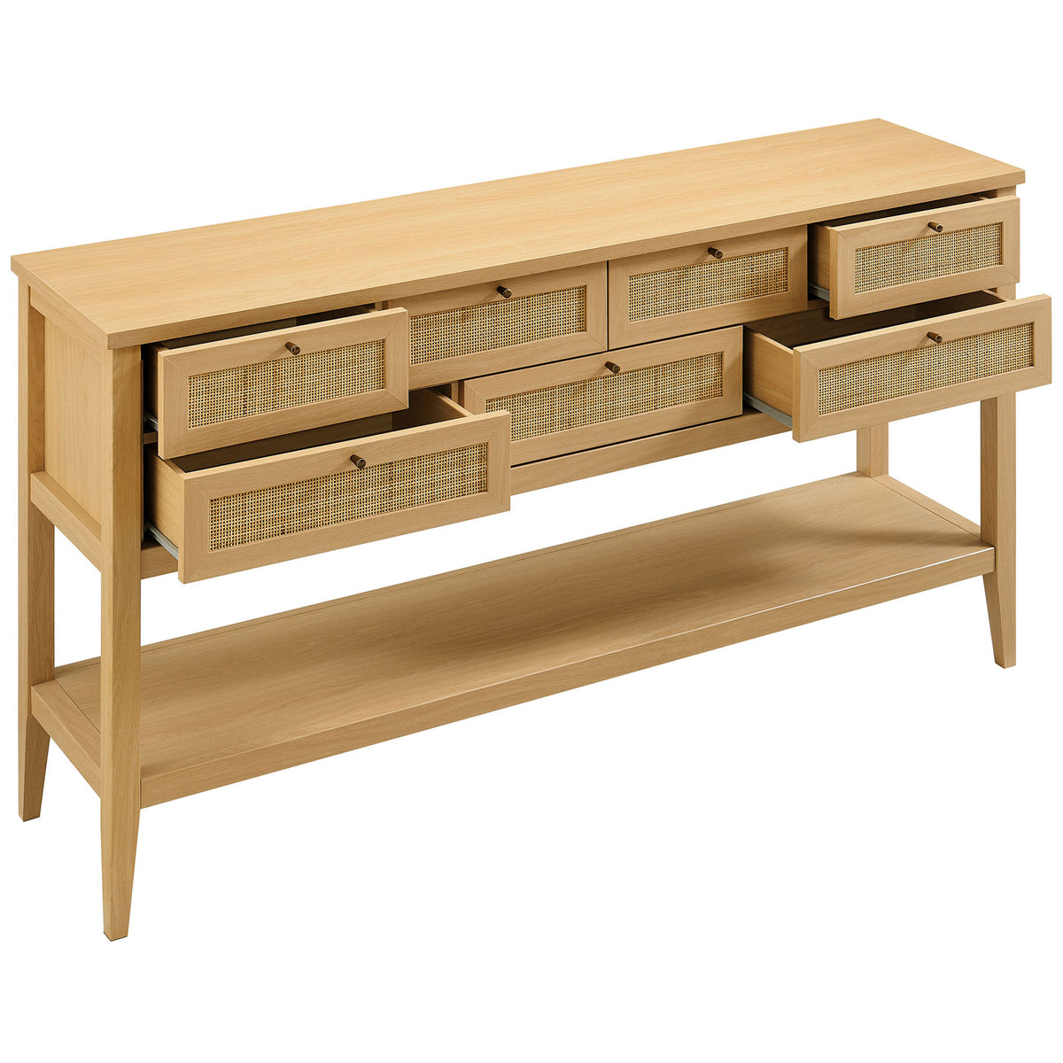 Multiple drawers pull out for easy access, pairing rattan fronts with sleek knob hardware || EEI-7435-OAK || front_angle_open_studio