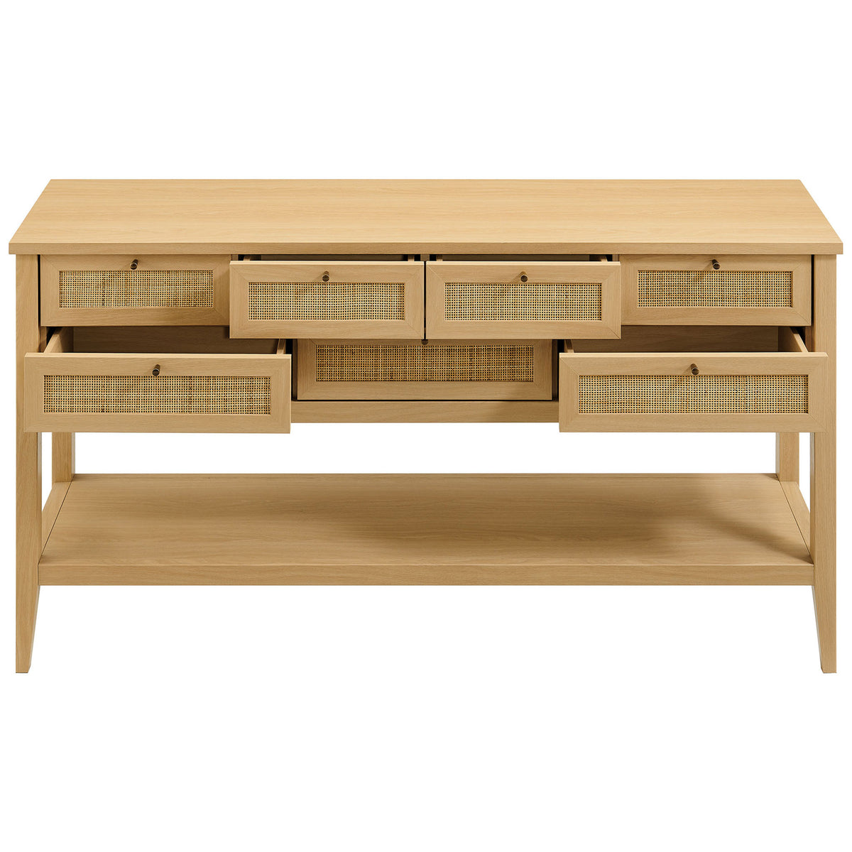 Open drawers reveal organized storage across a 7-drawer console with a roomy lower shelf || EEI-7435-OAK || front_open_studio