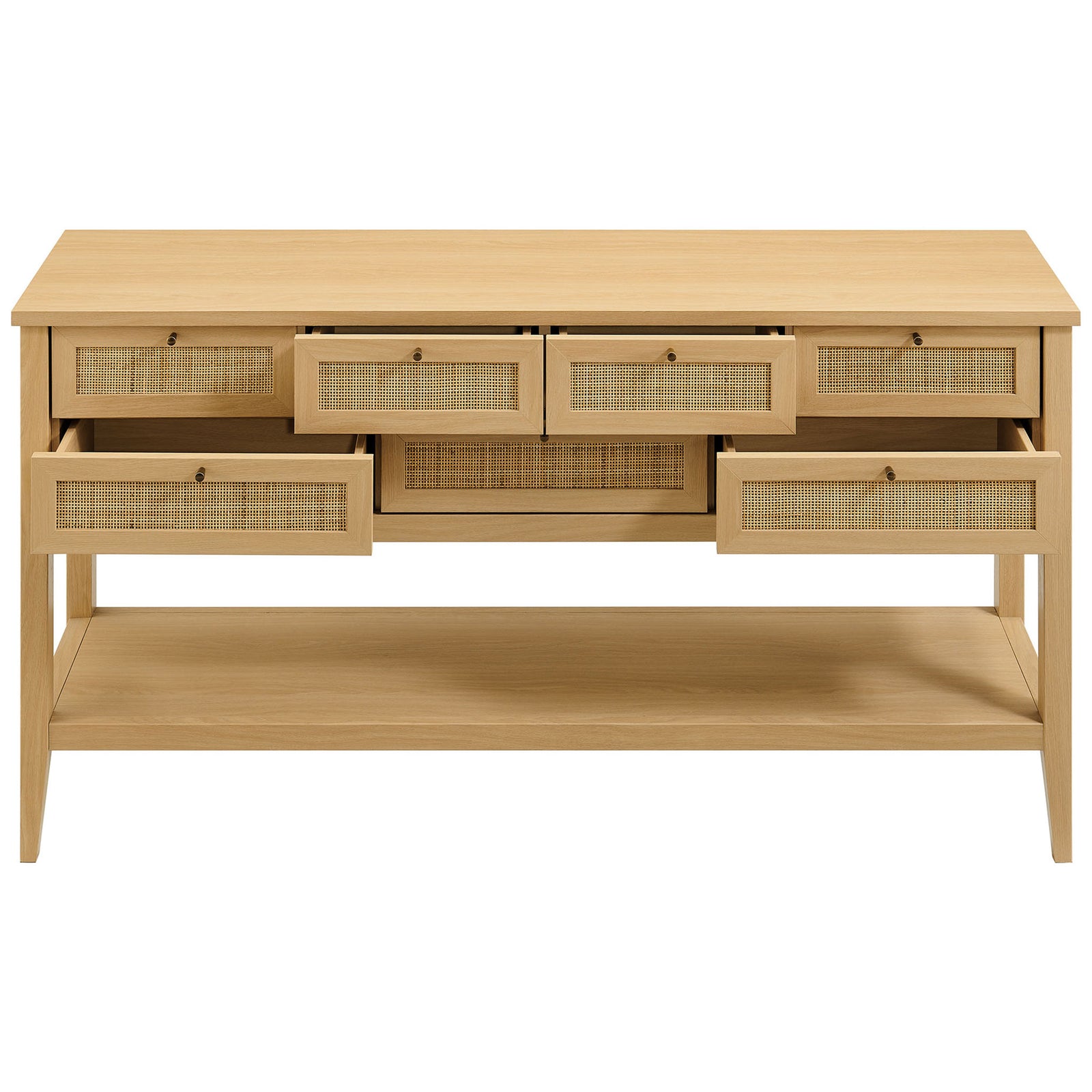 Open drawers reveal organized storage across a 7-drawer console with a roomy lower shelf || EEI-7435-OAK || front_open_studio