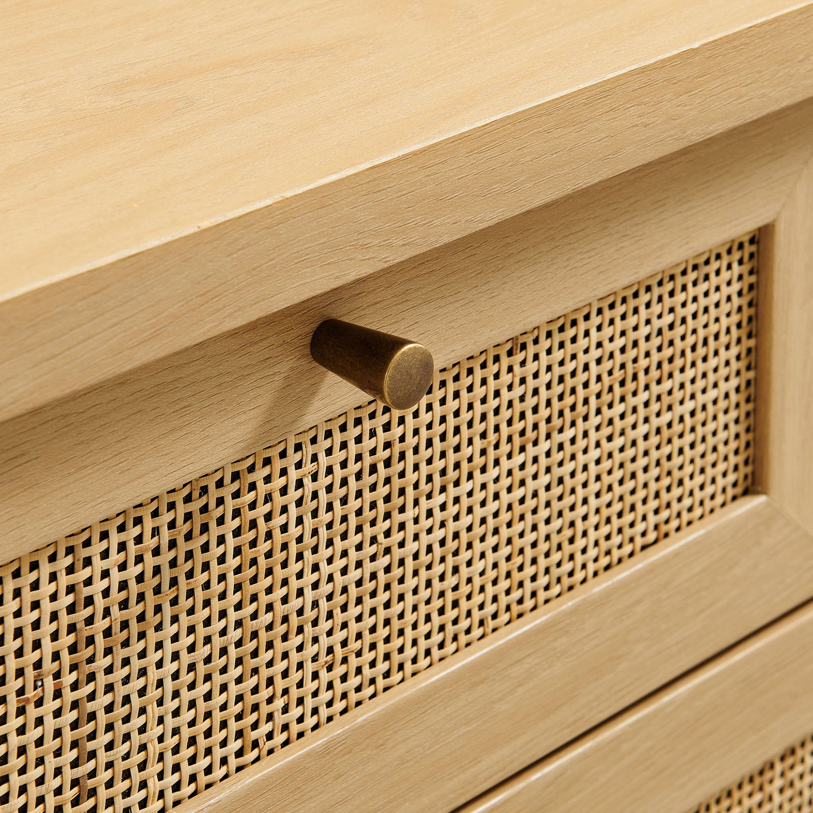 Round metal knob and woven rattan texture add natural warmth to the oak console || EEI-7435-OAK || handle_studio