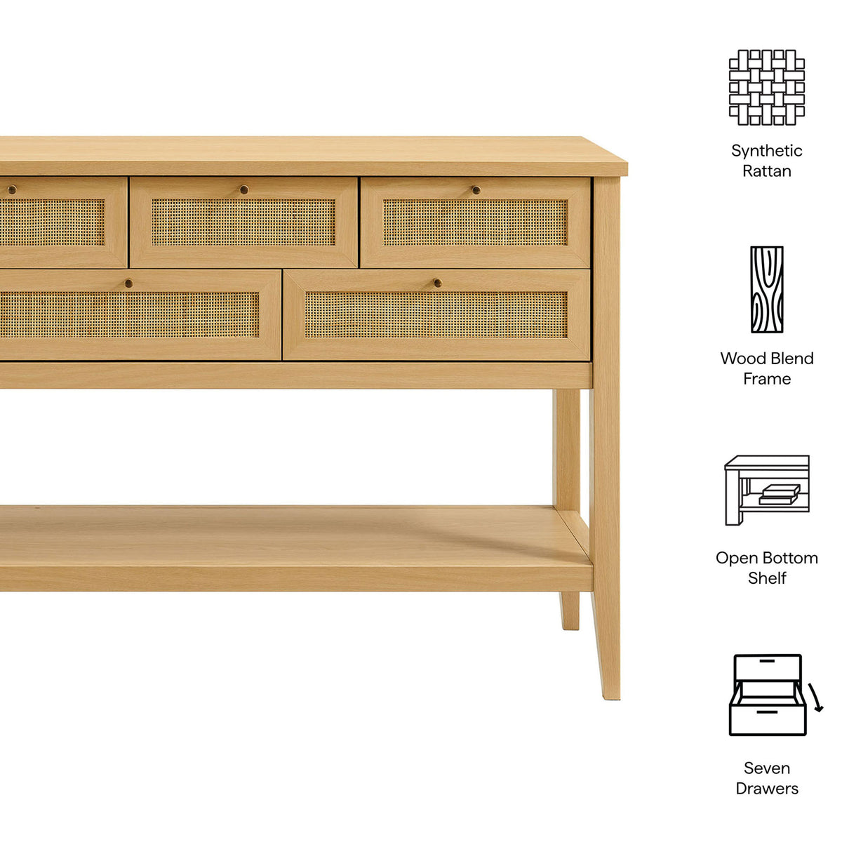 Key features include synthetic rattan fronts, wood blend frame, open shelf, and seven drawers || EEI-7435-OAK || callout_studio