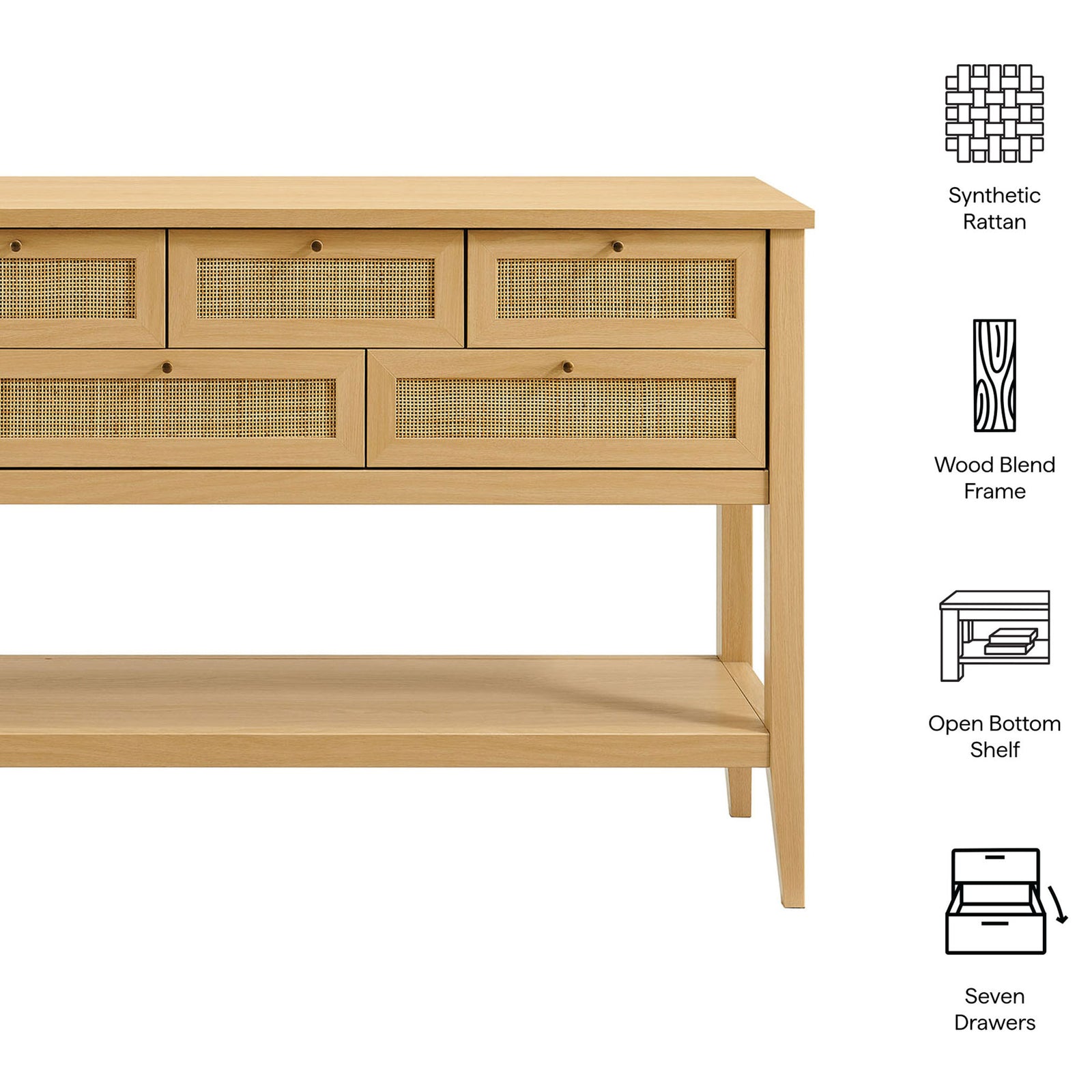 Key features include synthetic rattan fronts, wood blend frame, open shelf, and seven drawers || EEI-7435-OAK || callout_studio